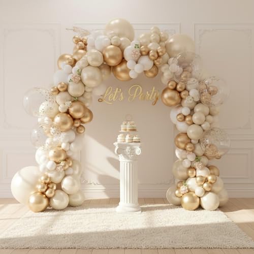 Ballons latex doré et blanc x45 avec confettis roses pour guirlande