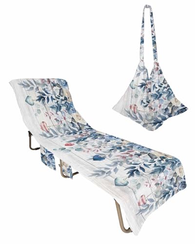 Blue Botanical Valentines Beach Lounge Chair Towel Cover, Soft Chaise Lounge Towel with Side Pockets Patio Pool Chairs Cover for Beach/Pool Sunbathing 29x85 Spring Floral Love Heart Vintage
