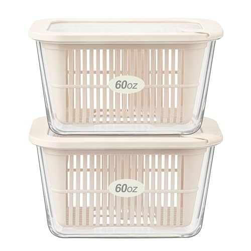 Urban Green Glass Food Storage Containers with Glass Lids, Microwave Safe Food Container Set, Aitight Meal Prep Container Set, BPA Free, 2 extra Colanders, LeakProof, 2 Pack of 60oz