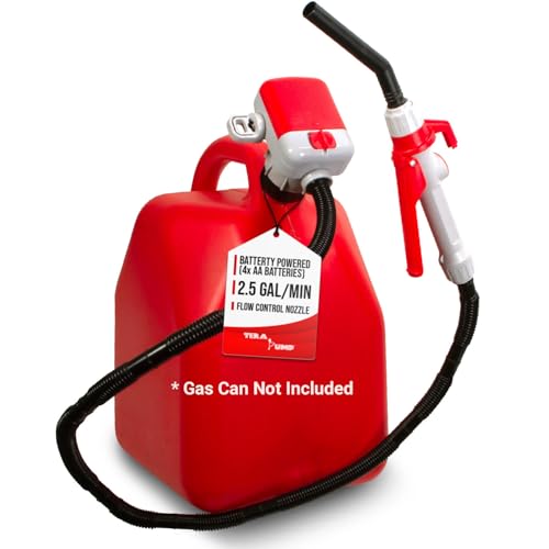 TERA PUMP TRFA02-MTX Fuel Transfer Pump (2.5 GPM), 4-AA Battery Powered Gas Can Pump, Flow Control Nozzle with Squeeze Trigger Handle for E85 E15 Gas Diesel - Extended 4.1ft Hose