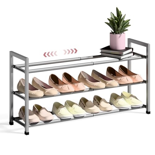 Image of Bumusty 3-Tier Expandable Shoe Rack for Closet, 18 inch-33 inch Adjustable Shoe Rack for Small Space, Small Shoe Organizer for Front Door, Sturdy Metal, Light Grey