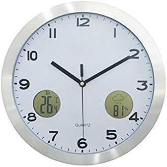 LCD Display Thermometer and Hygrometer Indoor Metal Wall Decor Clock, Silver(12Inch)