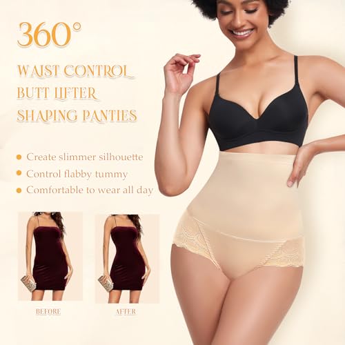 Image of Werena Women Tummy Control Shapewear Panties Shaping Underwear High Waist Body Shaper(#382 Lace Bottom Beige, XX-Large)