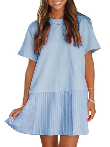 Image of EXLURA Womens Summer Casual Short Sleeve Dress Crewneck Tshirt Dresses Pleated Aline Mini Dress 2025 Vacation Beach Sundress