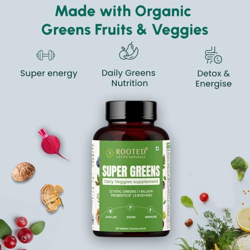 Image of Rooted Active's Super Green Tablets for Men & Women | Comprehensive Daily Supplement with 22+ Vital Greens, 1 Billion Probiotics, 5 Enzymes | Supports Gut Health, Energy, Immunity | 60 Tablets