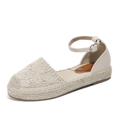 Putu Women's Closed Toe Sandals Ankle Strap Espadrille Platform Sandals Hollow Out Flat Shoes