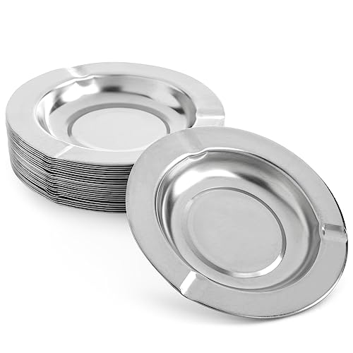 24-Pack Stainless Steel Ashtrays, Metal Ashtray Set For Cigarettes, Cigars, Great For Indoor Tabletop Use, Outdoor Patio, Durable (Round, Silver, 5X1 In) Bulk Pack #TOP6