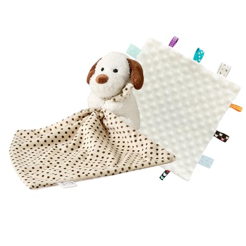 Image of CREVENT Soft Plush Animal Face Security Blankets for Boys and Girls, Great Gifts for Birthday Baby Shower - Hugging Dog + Tag