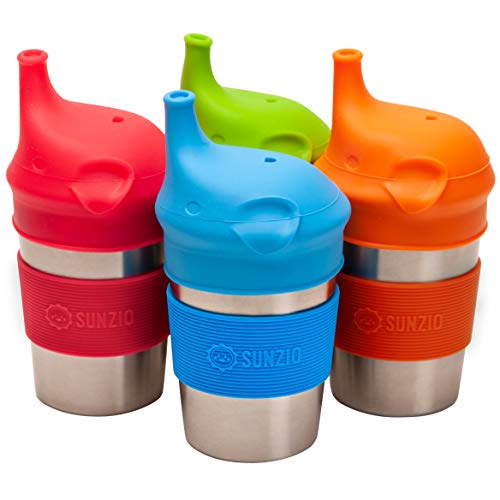 Sunzio Stainless Steel Non-Spill Sippy Cups For Toddlers And Kids With Silicone Lids | 10Oz 4 Pack | Non-Plastic And Break-Proof Cups For Babies #TOP6