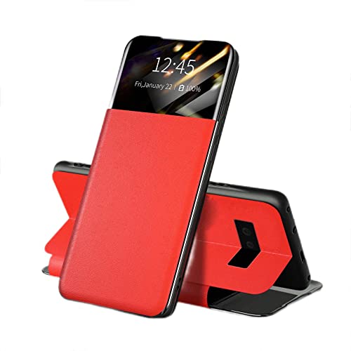 Coque pour Samsung Galaxy S23/S23 Plus/S23 Ultra,Housse en Cuir Protección Integral avec Clear Afficher Fenêtre Et Support Pliable Rabat en Cuir,Rouge,S23plus 6.6'