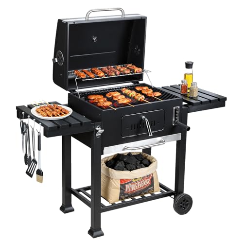 Peviasot Barbecue au charbon de bois XXL avec couvercle et thermomètre – Chariot de barbecue avec 2 tablettes rabattables, bac à charbon réglable en...