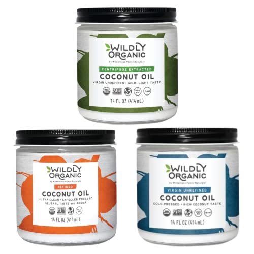 Wildly Organic Coconut Oil Sample 3-Pack 14 Fl Oz Glass Jars - 1) Refined, 2) Raw Unrefined Centrifuge Exacted, & 3) Unrefined Cold Pressed - Organic, Non-GMO, Vegan, Pet-Safe - Perfect for Skin, Hair, Smoothies, Cooking, & Baking