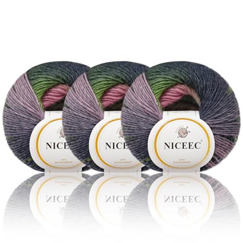 Image of NICEEC 3 Skeins Rainbow Soft Yarn 100% Wool Gradient Multi Color Yarn for Crocheting Knit Total Length 180mx3(196ydsx3,50gx3)-7#