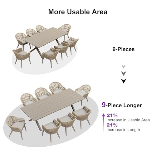 Image of PURPLE LEAF 9 Piece Longer Patio Dining Set with Outdoor Aluminium Dining Table and Woven Chairs Modern Metal Furniture Cushions Sets for Garden Yard Indoor Decor Kitchen Champagne