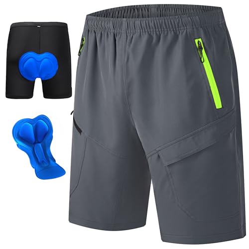 Men's Mountain Bike Shorts 3D Padded Baggy Bicycle Riding Cycling Shorts Quick Dry Lightweight Biking Shorts(Grey Neon M)
