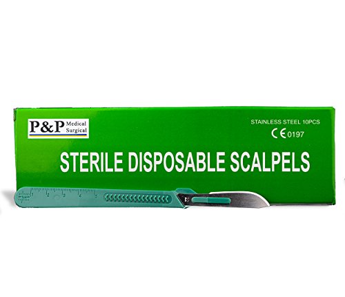 Disposable Scalpels Sterile Surgical Blade Size 22 Stainless Steel with Plastic Handle & Metric Line Individually Foil Wrapped Box of 10
