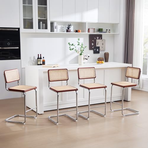 Image of Flouki Rattan Bar Stools Set of 4, Counter Height Stools with Wicker Back, 24 Inch Modern Bar Stools, Mid Century Cantilever Counter Chairs for Kitchen Island,Walnut Wooden Frame, Chrome Legs