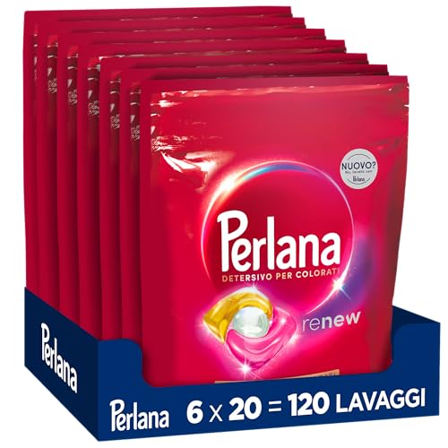 Perlana Detersivo Colorati Caps (6 confezioni da 20 Caps), Detersivo lavatrice capsule per tutti i capi colorati, Detersivo colorati per pulizia delicata e colori e fibre rinnovati