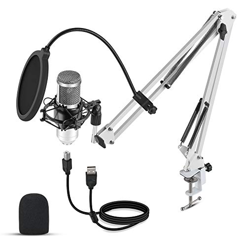 Streaming Microphone, USB Microphone ANSAUCT Professional Boom Mic White Kit Podcast Microphone Gaming Microphone for pc Studio Microphone for Streaming Karaoke Recording with Adjustment Arm Stand