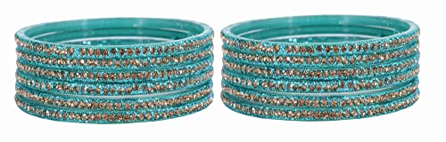 Image of NMII Glass with Zircon Gemstone and Beads Studdded Glossy Finished Traditional Bangle Set For Women and Girls