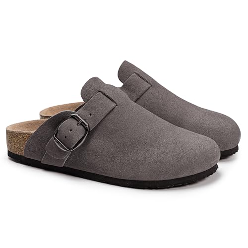 Image of FITORY Womens Clogs Slip-on Potato Shoes Leather Mules Suede Cork Footbed | Comfortable Adjustable Buckles Non-Slip Outsole Casual for Fall Outdoor Walking