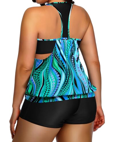 Image of Holipick Plus Size Tankini Swimsuit for Women Two Piece Tummy Control Bathing Suit Blouson Racerback Tankini Top with Shorts