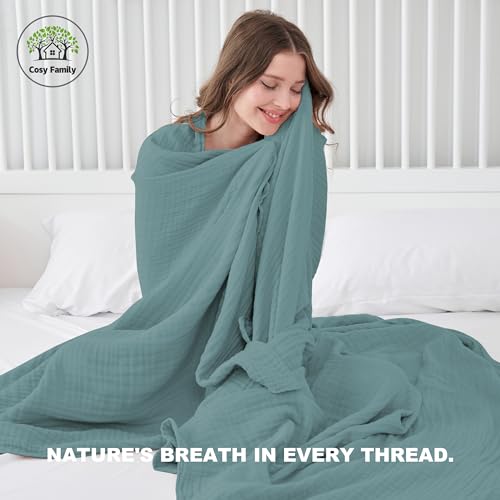 Image of Cosy Family 4 Layer Muslin Bed Blanket - Breathable and Lightweight Gauze Boho Blanket for Spring, Soft 100% Cotton Muslin Blanket, Green, 55x80 Inches