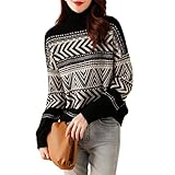 [J-Scott] [ジェイスコット] フェアアイル柄ニット レディース ボトルネックセーター ドロップショルダー 長袖 ゆったり 幾何学 ブラック JS35-BK-2XL