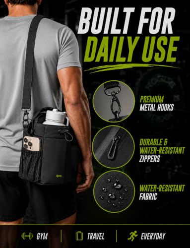 Image of Magnetic Gym Water Bottle Holder With Strap For Men And Women Universal Fit Multiple Pockets Sling Bag Secure Lockable Zippers Easy Access Phone Holder Water Resistant Perfect For workout, Black,