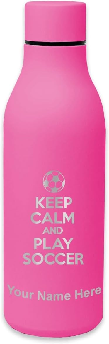 LaserGram Double Wall Stainless Steel Water Bottle, Keep Calm and Play Soccer, Personalized Engraving Included
