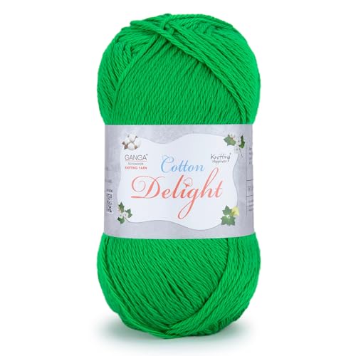Image of Ganga Acrowools Cotton Delight, Dk Weight Cotton Yarn, Oekotex Class L Certified 100G, 169M, Pack of 1 Ball - 100gm Each, Shade No. - COD053 - Shamrock Green