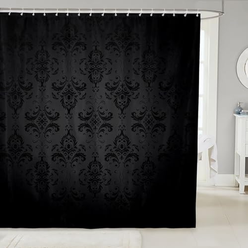 Feelyou Black Damask Shower Curtain 72"x84" Kids Vintage Floral Bathroom