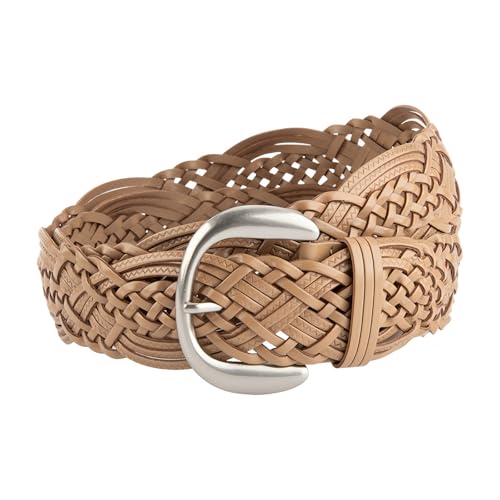 Women's Wide Braided Leather Belt with Silver Buckle, Hand-Woven Design with Silver Buckle