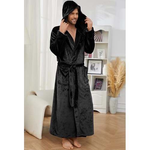 U2SKIIN Herren Fleece Bademantel mit Kapuze, Volle Länge Plüsch Bademantel warm für Männer Robe (Schwarz, L/XL)