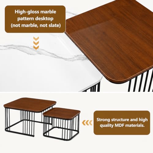 Image of Square Nesting Table Set of 2 for Living Room, Room Decoration Item for Bedroom, Coffee & Side Table with Marble MDF White Top and Iron Base (Black & Brown) (L -51x48CM) (S-41X41CM)