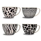 Bada Bing 4er Set Cappuccinotassen 4-Fach sortiert Dschungel Tier Fell Optik Tasse 450ml Jumbobecher mit Goldrand Jungle Fellmuster weiß schwarz moderne Kaffetassen 09