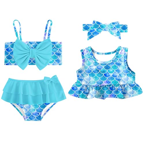 Mermaid Bathing Suit for Toddler Girls Swimsuit 18-24 Months Kids Quick Dry Swimwear 2T Little Girl's Mermaid Sleeveless 1-2 Years Bikini Sets 4 Piece Top Shorts Swimming Outfits