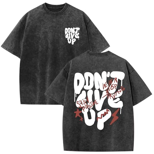 Wedsadl Oversized Tshirts for Men Graphic Vintage Tees Streetwear Shirts Acid Wash Tshirt Positive Letter Print Cotton Top(Black,M)