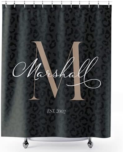 ArtBroz Custom Monogram Shower Curtain, 71 x 74 Inch, Personalized Monogrammed Initial Black Leopard/Cheetah Animal Print Waterproof Fabric Bath Curtains, Unique Elegant Bathroom Décor