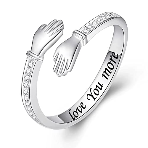 S925 Sterling Silver Hug Ring Love You More/Always My Mother Forever My Friend/I Love You Forever Adjustable Hug Rings for Women Silver Hugging Hand Jewelry Open Promise Ring Jewelry Hug Hands Rings Couples Wedding Bands