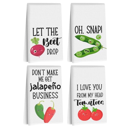 Image of 4 Pcs Funny Vegetable Kitchen Towels 24x14 Inch, Chili Carrot Pepper Tomato Decor Microfiber Reusable Tea Towels for Kitchen Farmhouse, Durable Waffle Dish Drying Towel, Plant Gifts for Women Mom