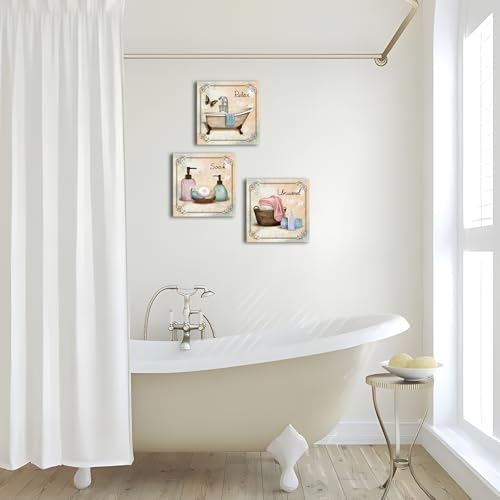 Image of SkenoArt Bathroom Canvas Wall Art Relax Soak Unwind Quote Picture Print Vintage Paintings Posters Great Gift Home Artwork Framed Ready to Hang 12x12inchx3Pieces