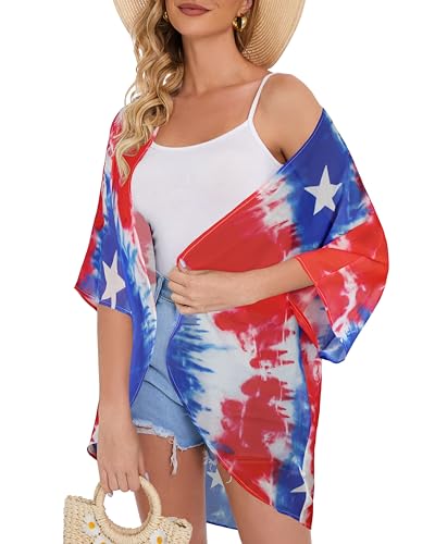 Image of Women's Floral Print Puff Sleeve Kimono Cardigan Loose Cover Up Casual Blouse Tops 2026