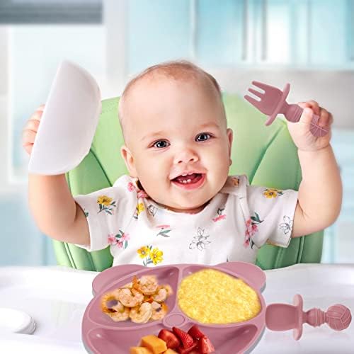 Lanjue Baby Suction Plate, Silicone Toddler Plates Baby Weaning Plate Divided Dishes with Spoon Fork, Fits for Most Highchairs Trays (Pink)