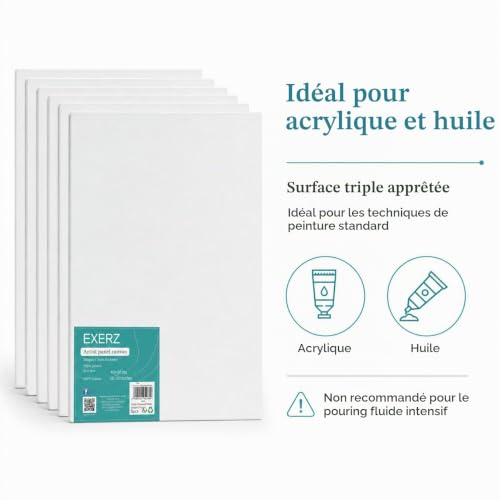 Exerz 40x50cm Panneaux de Toile 6 pièces 3mm Cartons entoilés/Toile à Peindre 280GSM/ 100% Coton/Blanche/Triple apprêt/Sans Acide/Grain Moyen/Peinture à Huile/Gouache/Acrylique – vue 6