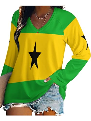 Blusa Y Camisas De Manga Larga para Mujer con Cuello En V, Camiseta De Estilo Casual Elegante Ajustada Oversized Deportiva Fiesta Bandera De Santo Tomé Y Príncipe Túnica Tops Mangas
