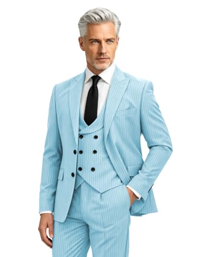 Light Blue Pinstripe Suit for Men 3 Piece Business Wedding Tuxedo,3XL