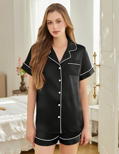 Image of Silk Pajamas for Women Short Sleeve Sleepwear Soft Button Down Loungewear 2 Piece Satin Pjs Shorts Set S-XXL