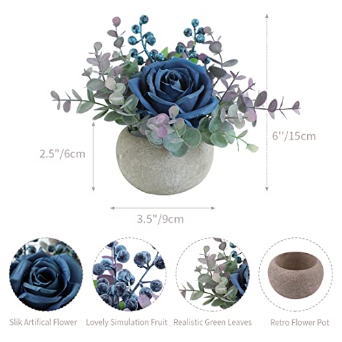Rosscer Artificial Flowers Kit With Pot, Combination Of Fake Silk Blue Roses And Greenery,Small Plant Potted Decor For Offices,Bookshelf,Bedroom, Living Room,Party,Wedding Decorations #TOP2