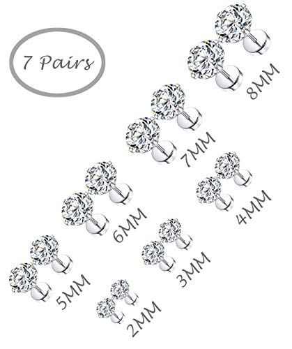 Tornito ES04-7F 7 Pairs 20G Stainless Steel Stud Earrings Round Cubic Zirconia Barbell Earring Set thumb #2